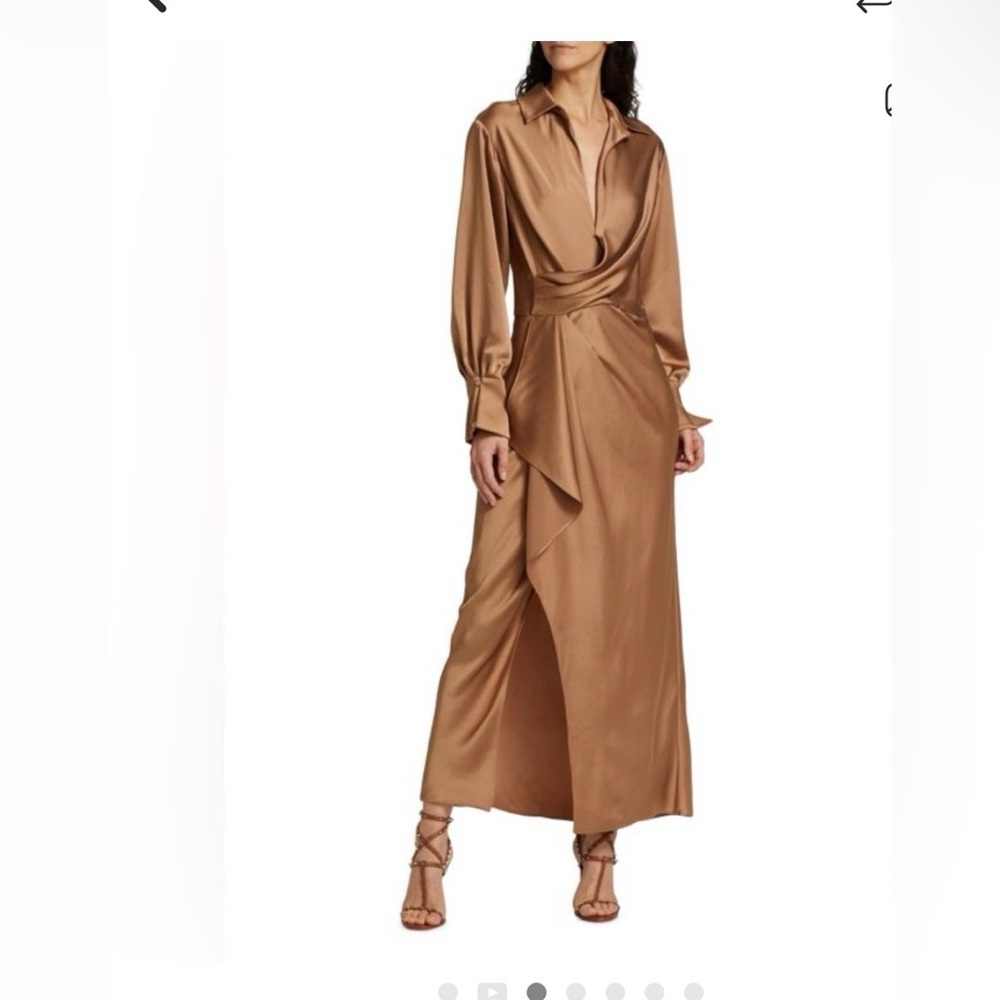 Jonathan Simkhai Bronze Satin Long Sleeve Draped Wrap Dress